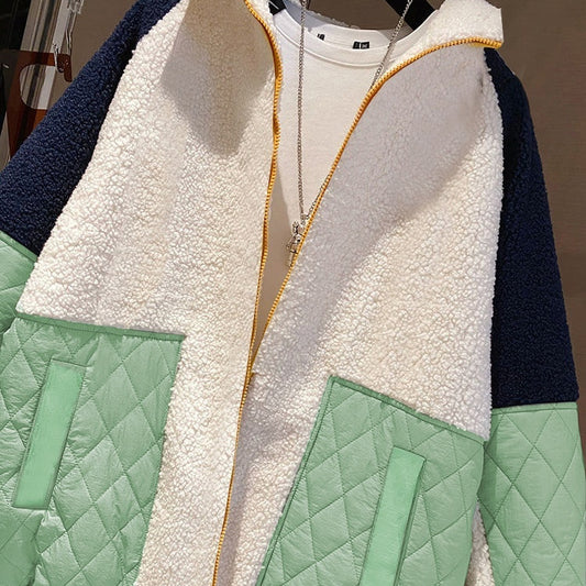 Loose Lamb Wool Women's Stitching Contrast Color Fleece Padded Coat