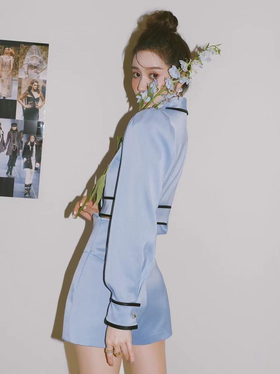 Temperament Blue Doll Collar Diamond Jacket Women''s Summer