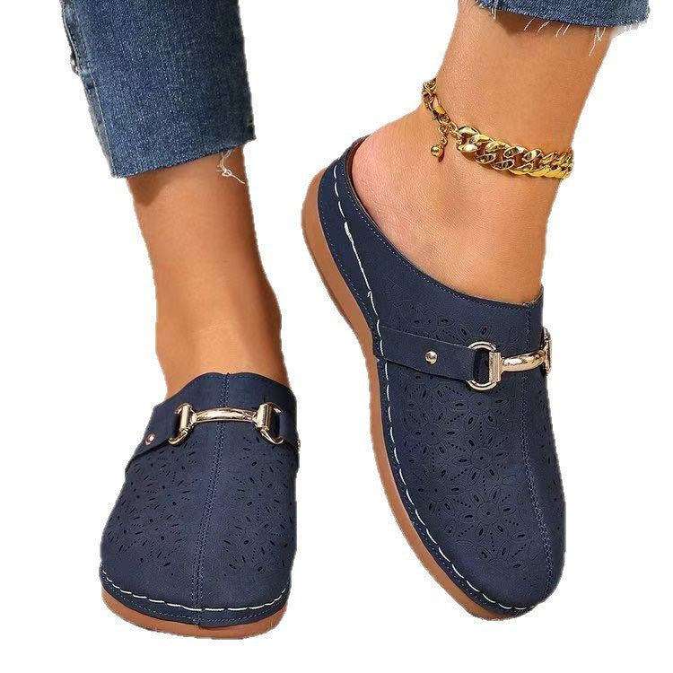 Summer New Closed Toe Metal Buckle Hollowed Women's Shoes