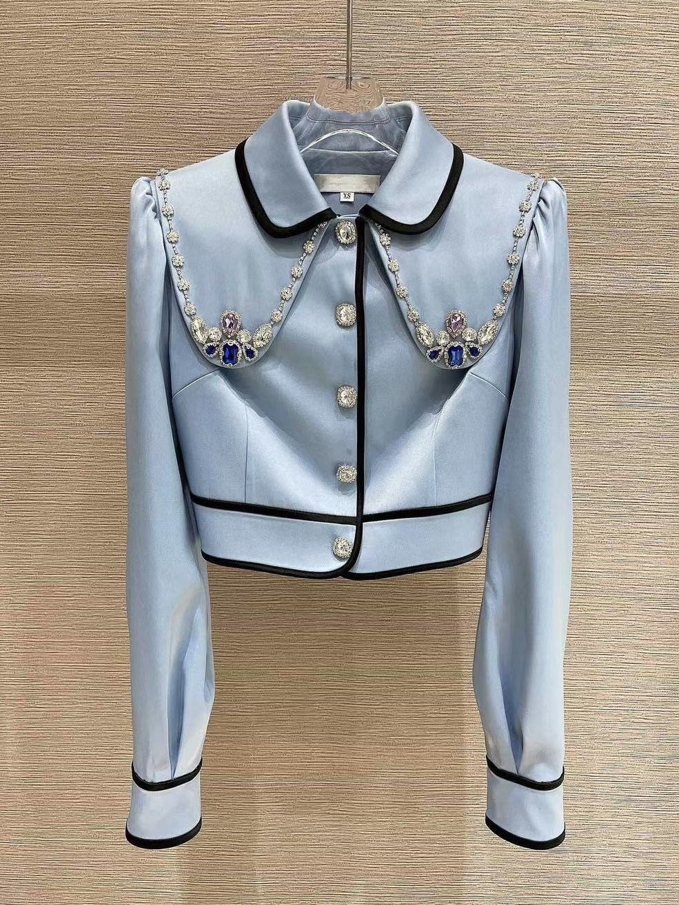 Temperament Blue Doll Collar Diamond Jacket Women''s Summer