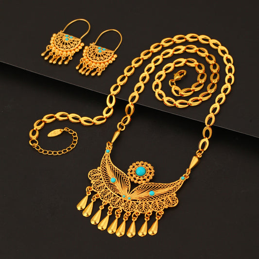 3pcs Fashionable And Personalized Water Droplet Tassel Copper Plated 18k Gold Women's Necklace And Earring Set, Suitable For Parties And Gifts, Daily Wear