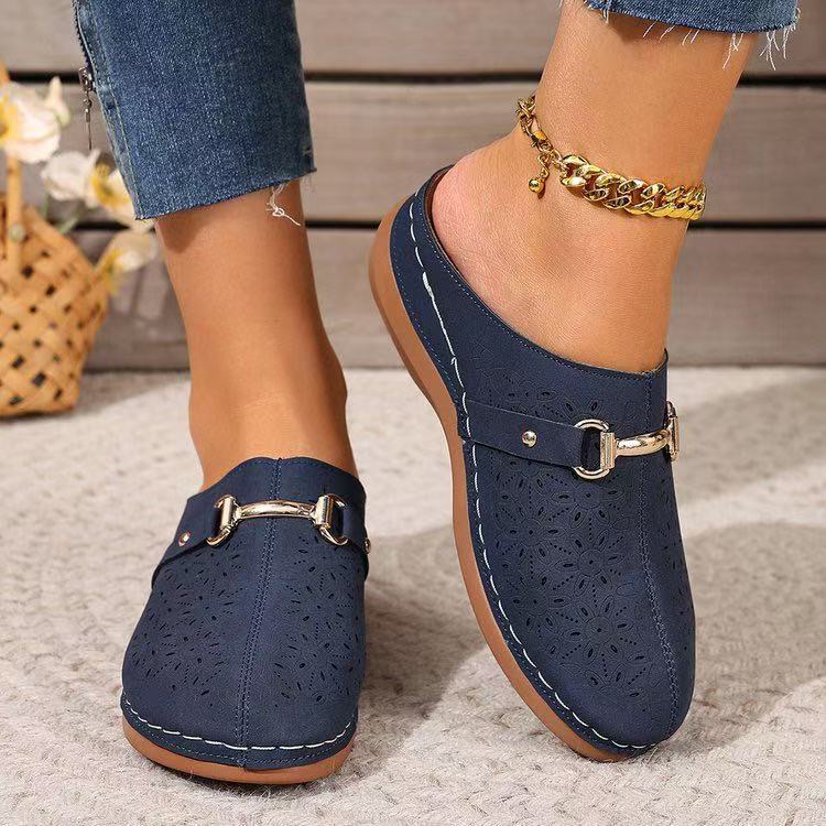 Summer New Closed Toe Metal Buckle Hollowed Women's Shoes