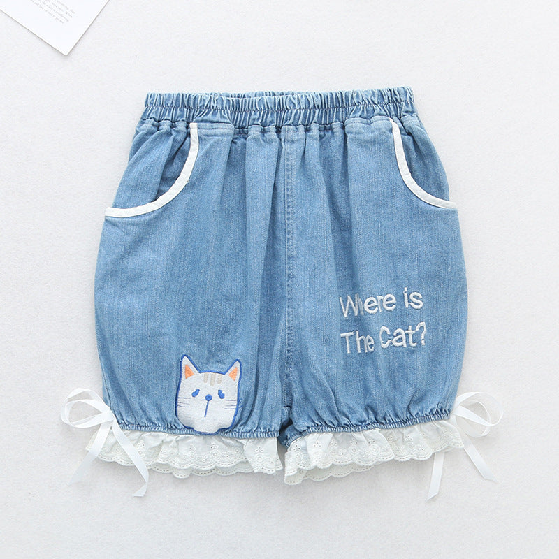 Embroidered jean shorts with cat head