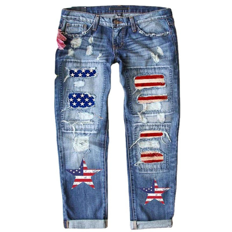 Halloween Printed Water Washed Hole Loose Wide Leg Jeans