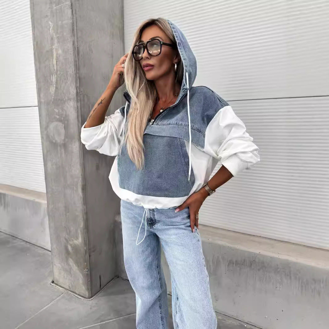 Fashion Loose Casual Washing Denim Stitching Hooded Women's Sweater