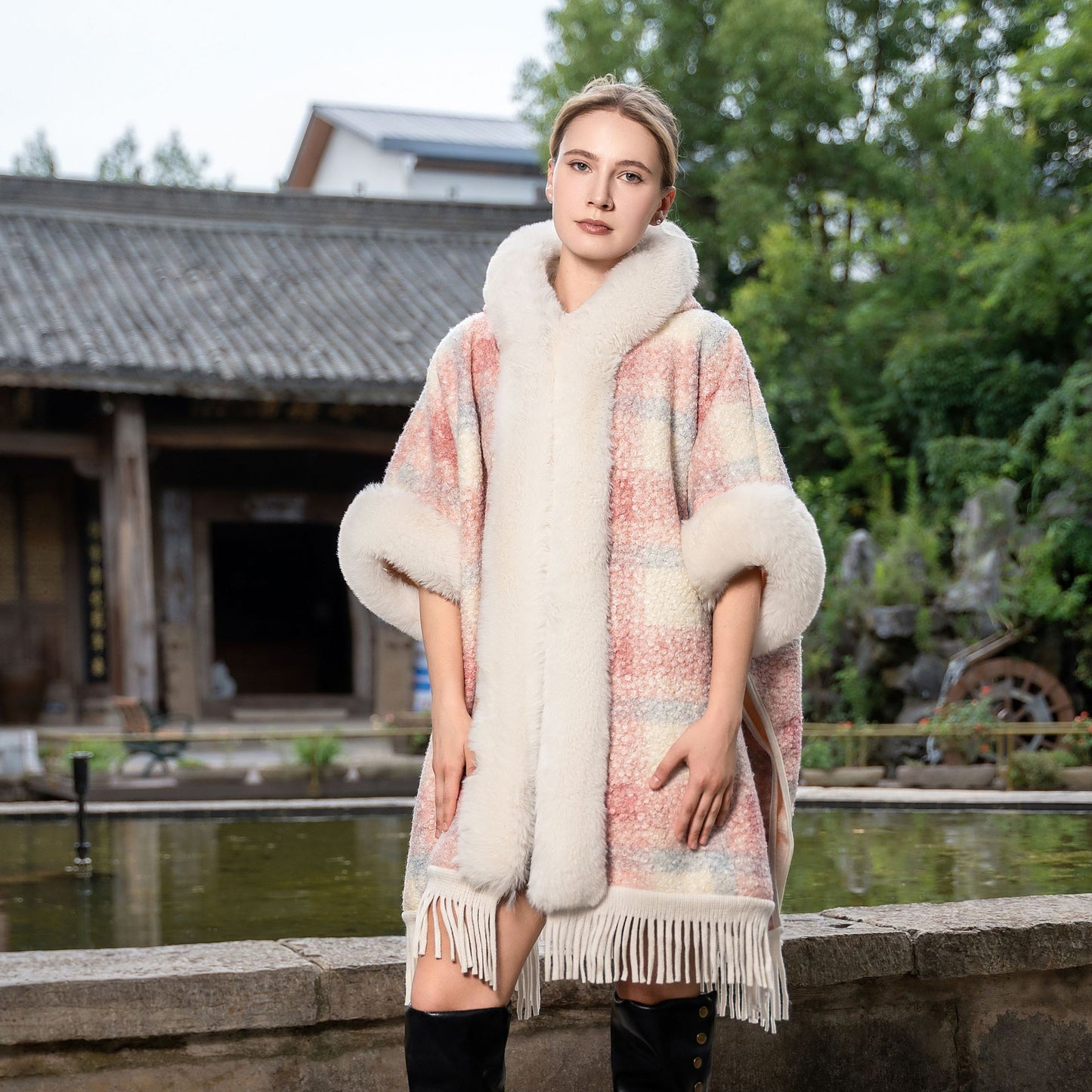 New Hooded Warm Cloak Artificial Plush Fur Shawl