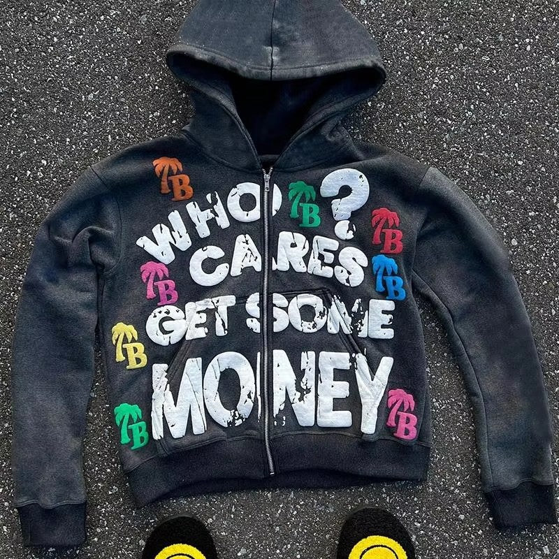 Trendy American Letter Pattern Loose Casual And Comfortable Hooded Zipper Vintage Sweater