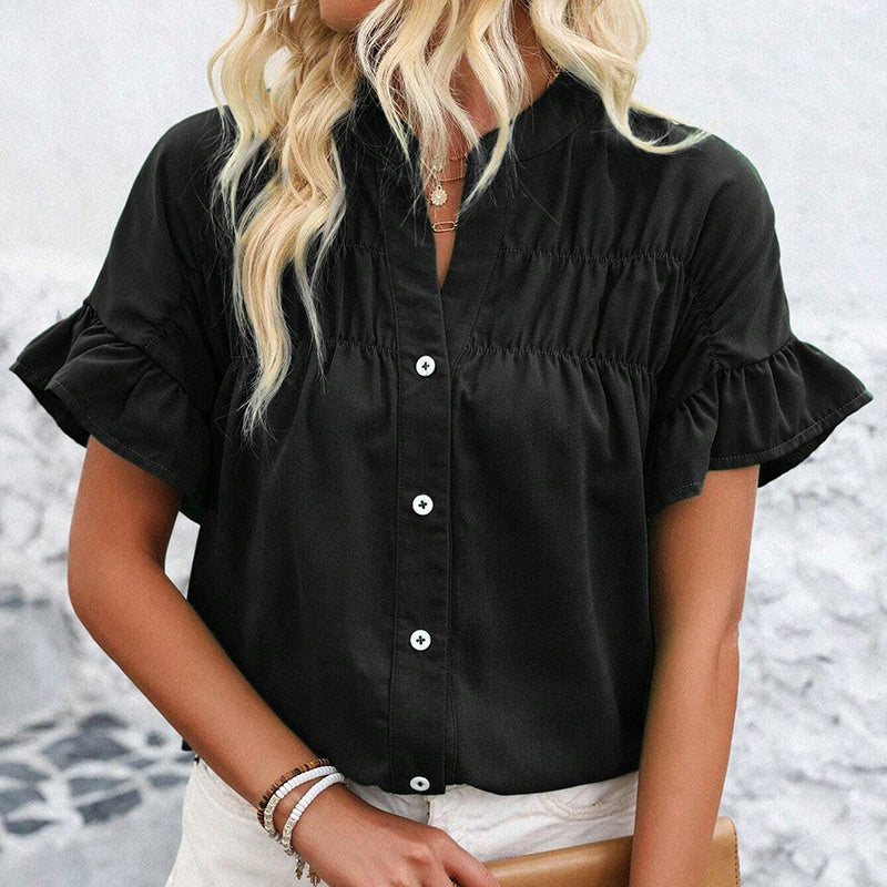 Womens Summer Ruffle Short Sleeve Button Down Shirts Dressy Casual V Neck Business Work Blouses