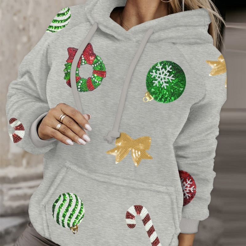 Female Creative Cartoon Printed Hood Lamb Wool Sweatshirt