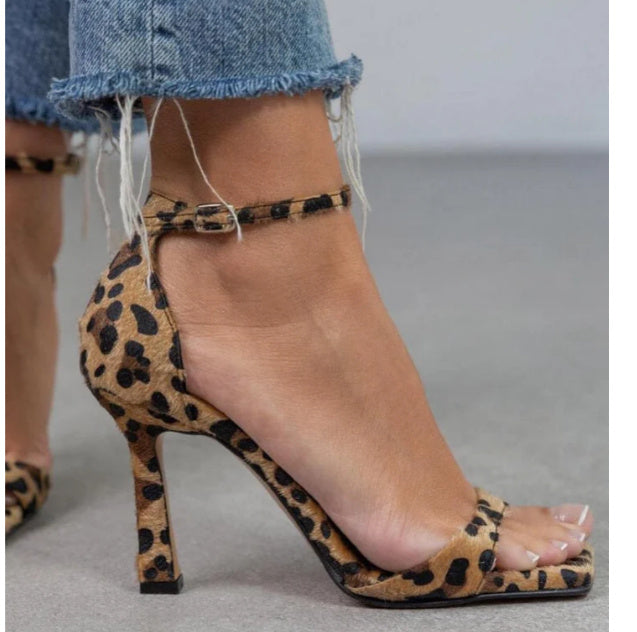 Square Toe Suede Open Toe Leopard Print Women's High-heeled Sandal