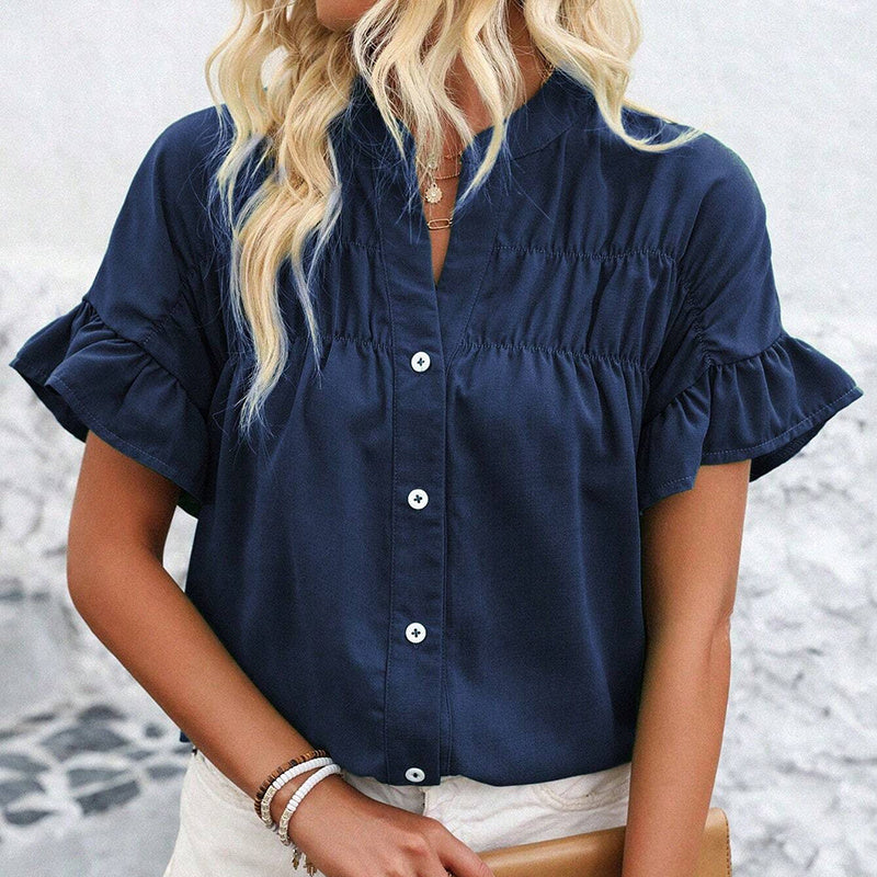 Womens Summer Ruffle Short Sleeve Button Down Shirts Dressy Casual V Neck Business Work Blouses