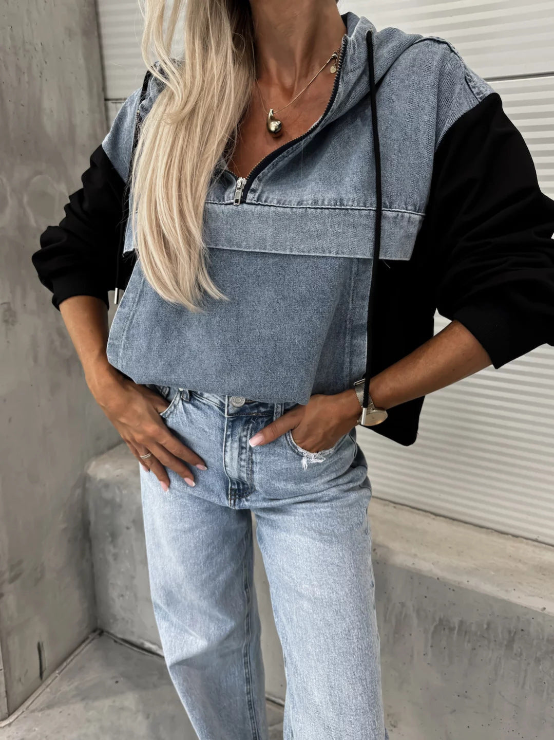 Fashion Loose Casual Washing Denim Stitching Hooded Women's Sweater