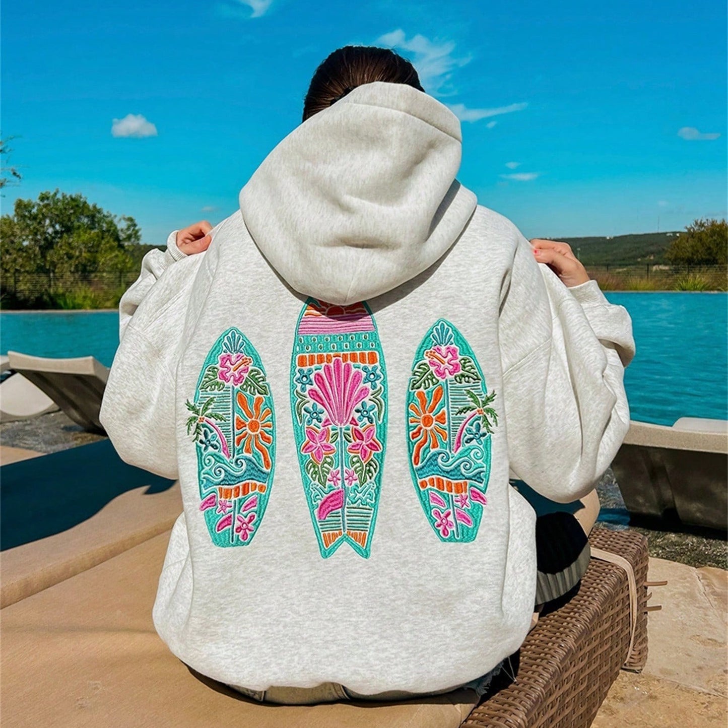 Hooded Sweatshirt Women's Long Sleeved Embroidered Pattern