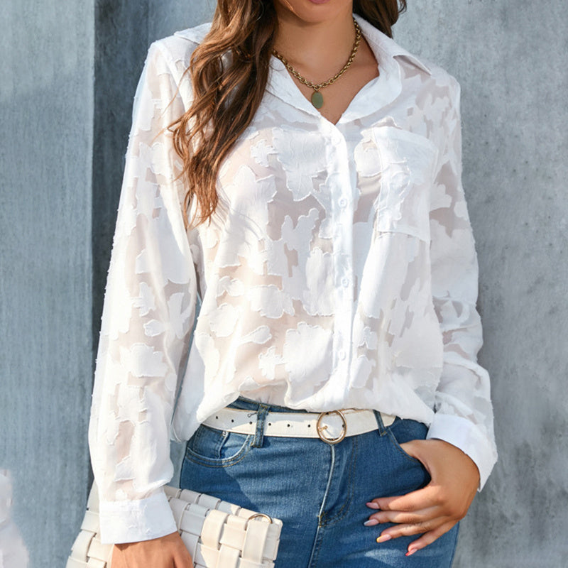 Womens Casual Sheer Button Down Shirts Long Sleeve V Neck Jacquard Blouses Tops