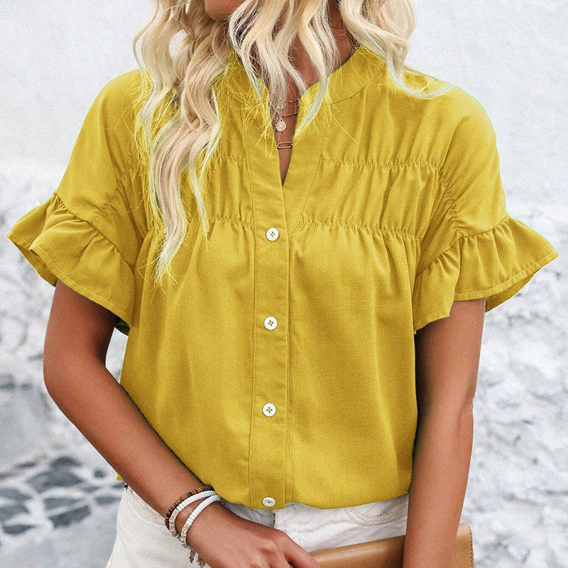 Womens Summer Ruffle Short Sleeve Button Down Shirts Dressy Casual V Neck Business Work Blouses
