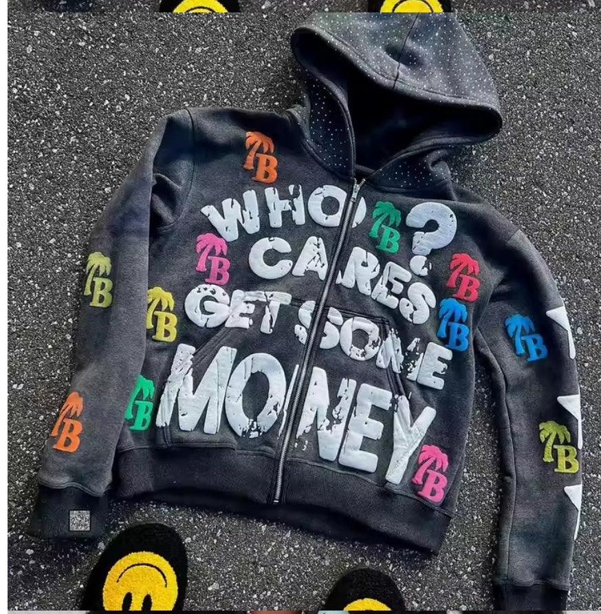 Trendy American Letter Pattern Loose Casual And Comfortable Hooded Zipper Vintage Sweater