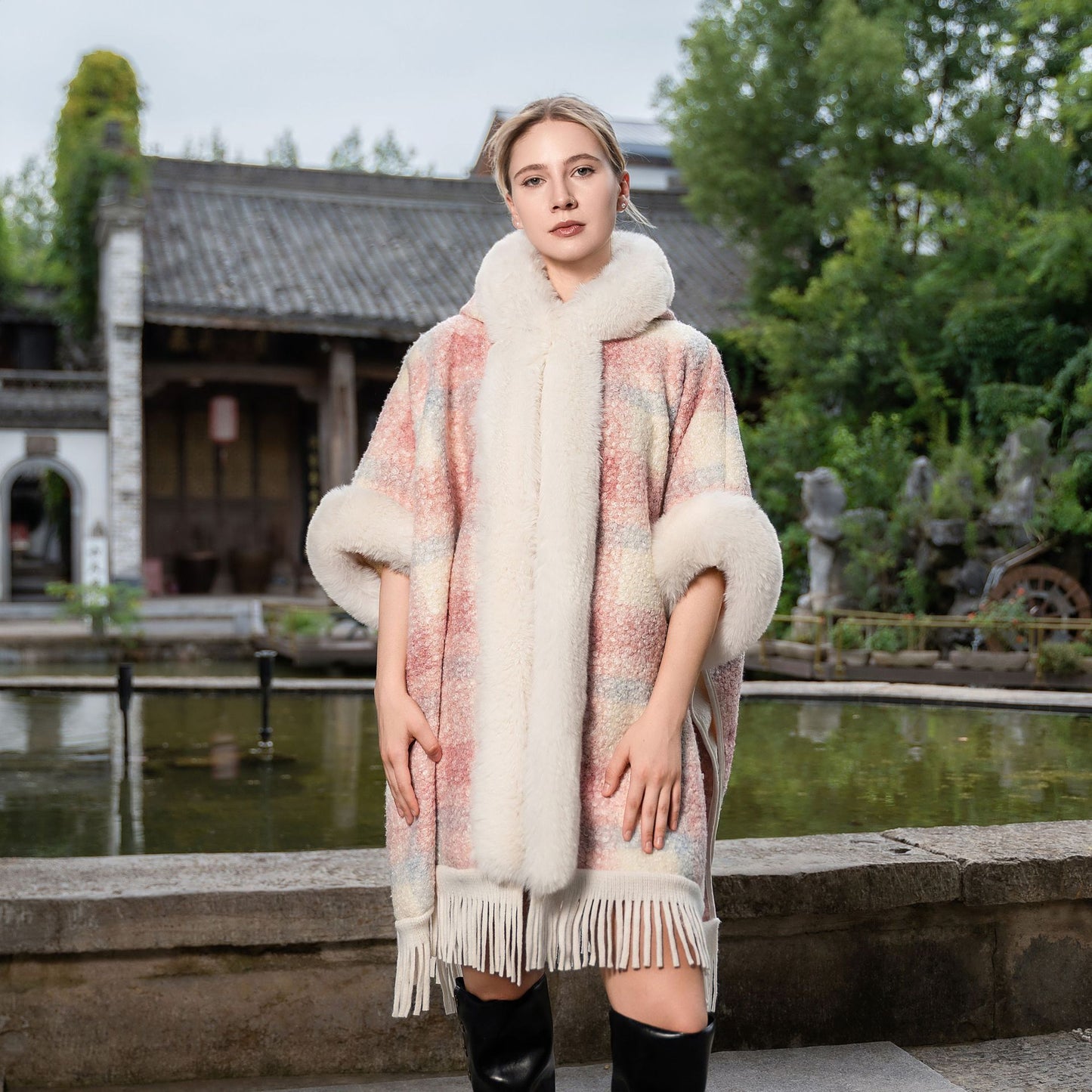 New Hooded Warm Cloak Artificial Plush Fur Shawl