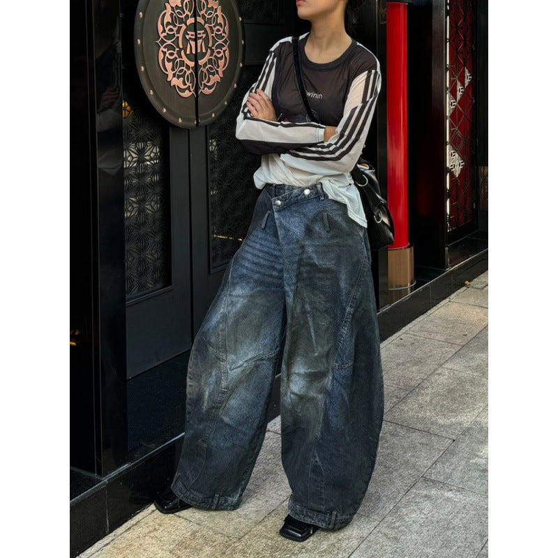 Retro Distressed Washed Reverse Waist Jeans