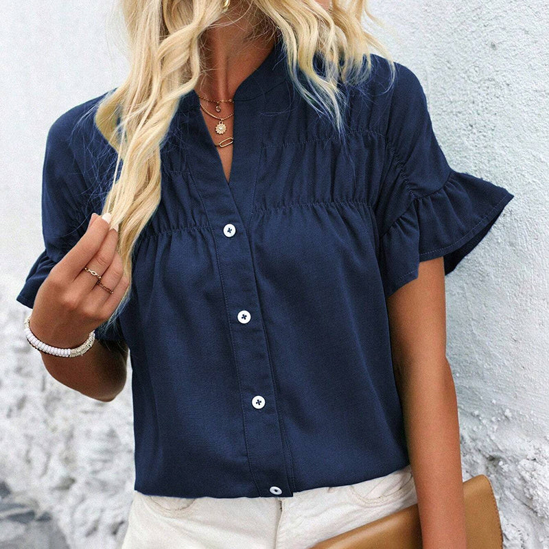 Womens Summer Ruffle Short Sleeve Button Down Shirts Dressy Casual V Neck Business Work Blouses