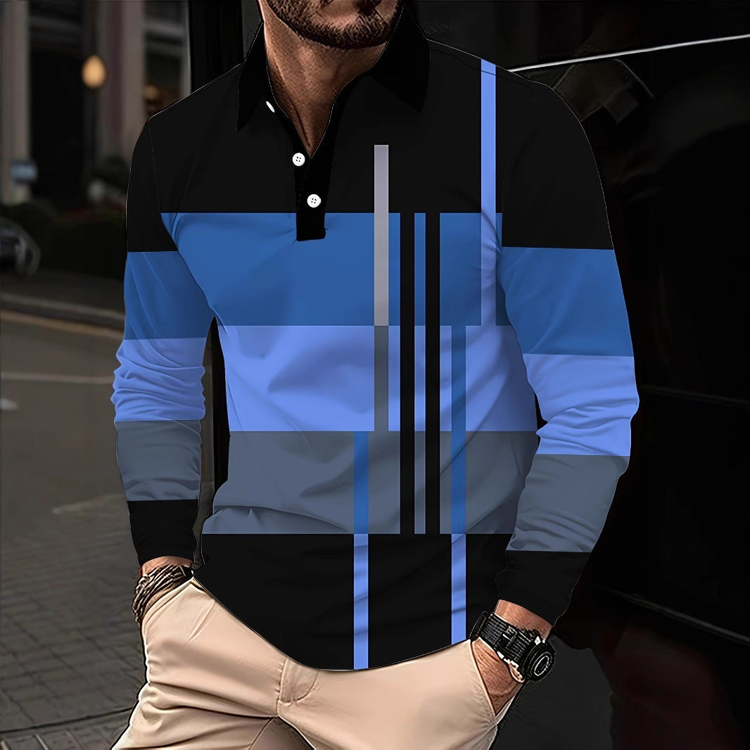 Men's Button Casual Slim Lapel 3D Printed Long Sleeve
