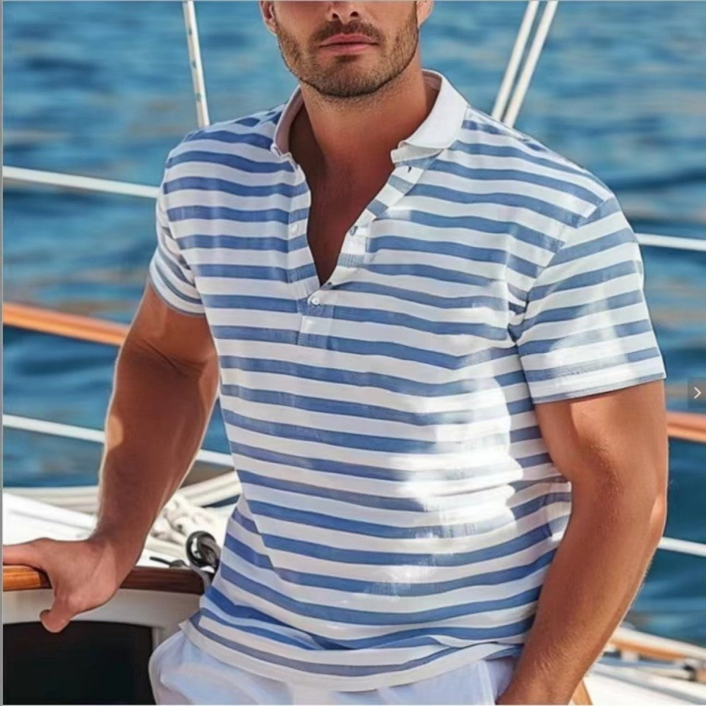Men's Short-sleeve Polo Shirt Striped Casual Top