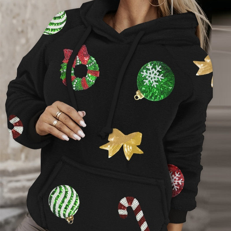 Female Creative Cartoon Printed Hood Lamb Wool Sweatshirt