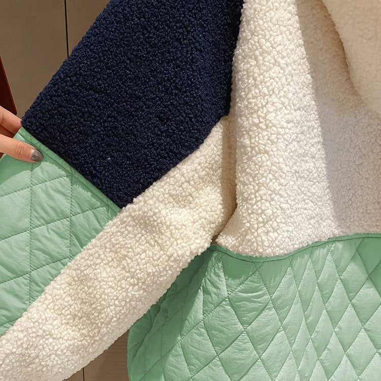 Loose Lamb Wool Women's Stitching Contrast Color Fleece Padded Coat