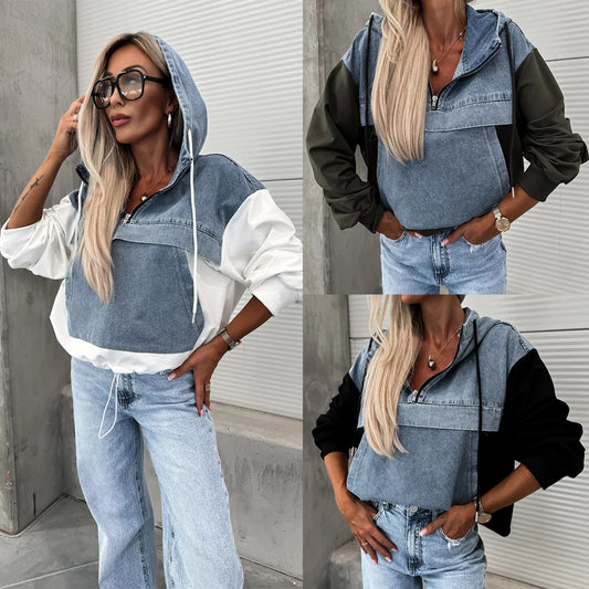 Fashion Loose Casual Washing Denim Stitching Hooded Women's Sweater