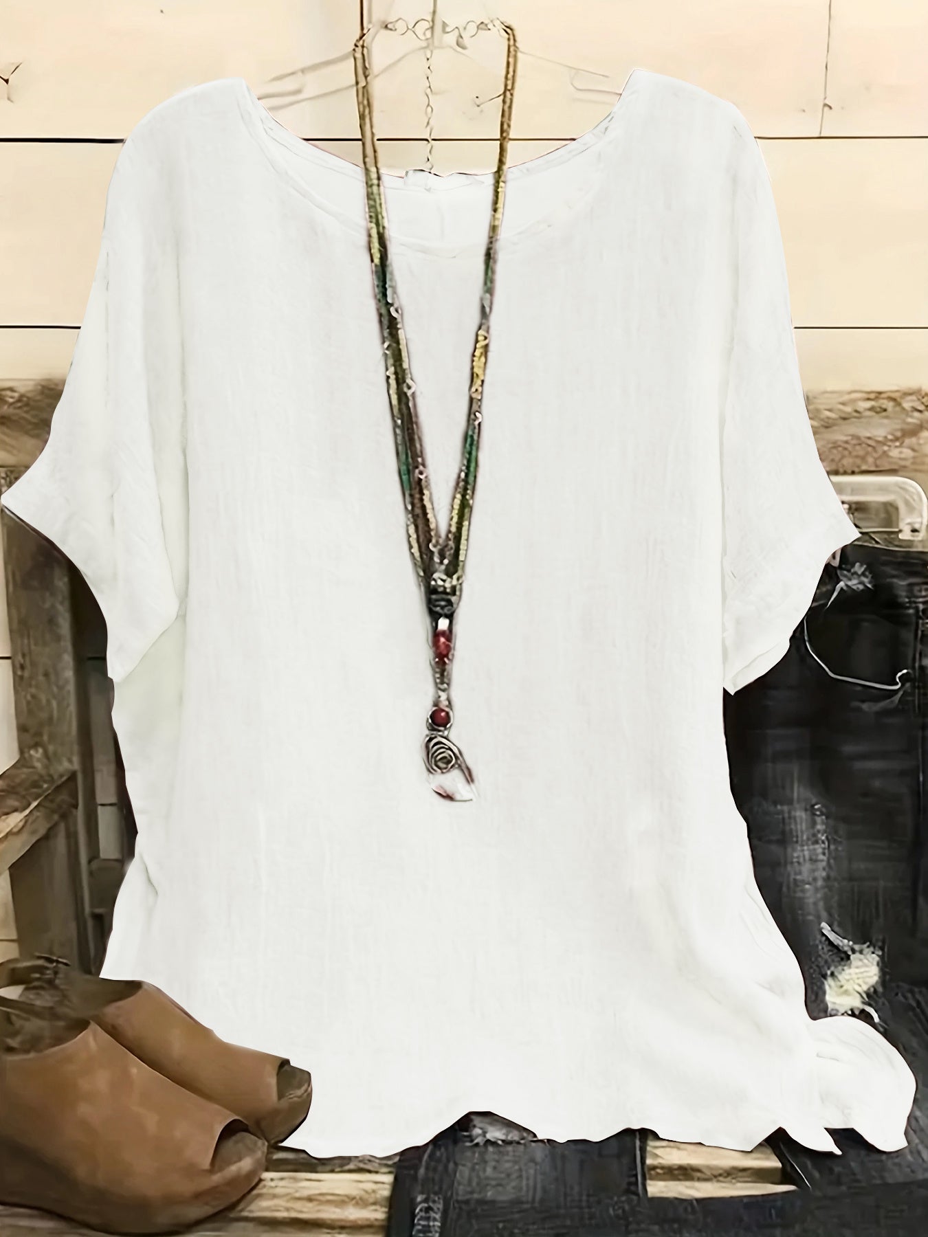 Women Fashion Casual Shirts Solid Color 3 4 Sleeve Round Neck Blouses Summer Loose Tops Streetwear