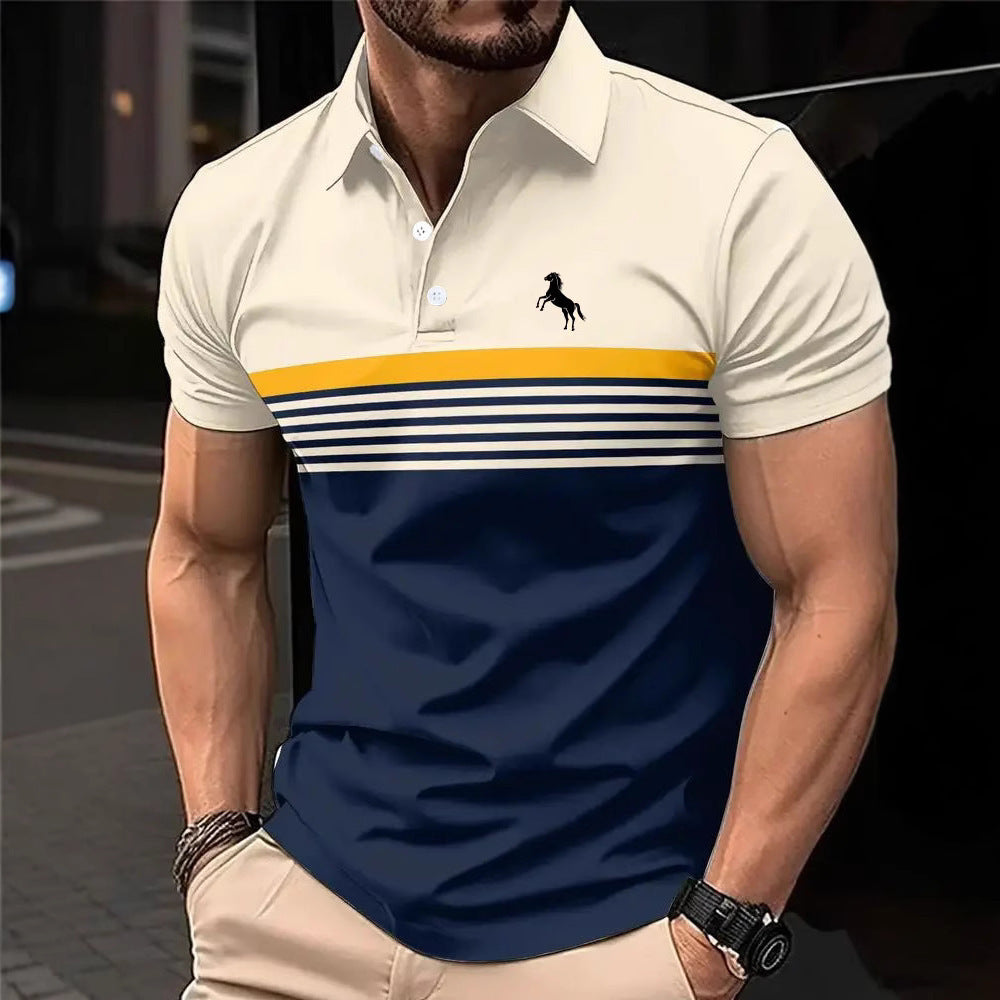 Men's Casual Striped Color Block Design Sports Style Collar Golf Shirt