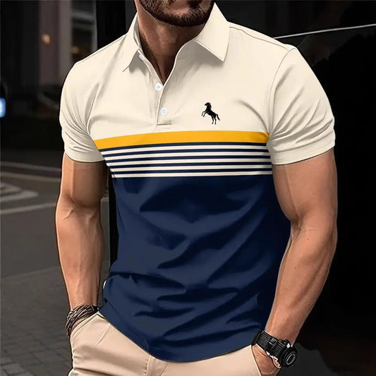 Men's Casual Striped Color Block Design Sports Style Collar Golf Shirt