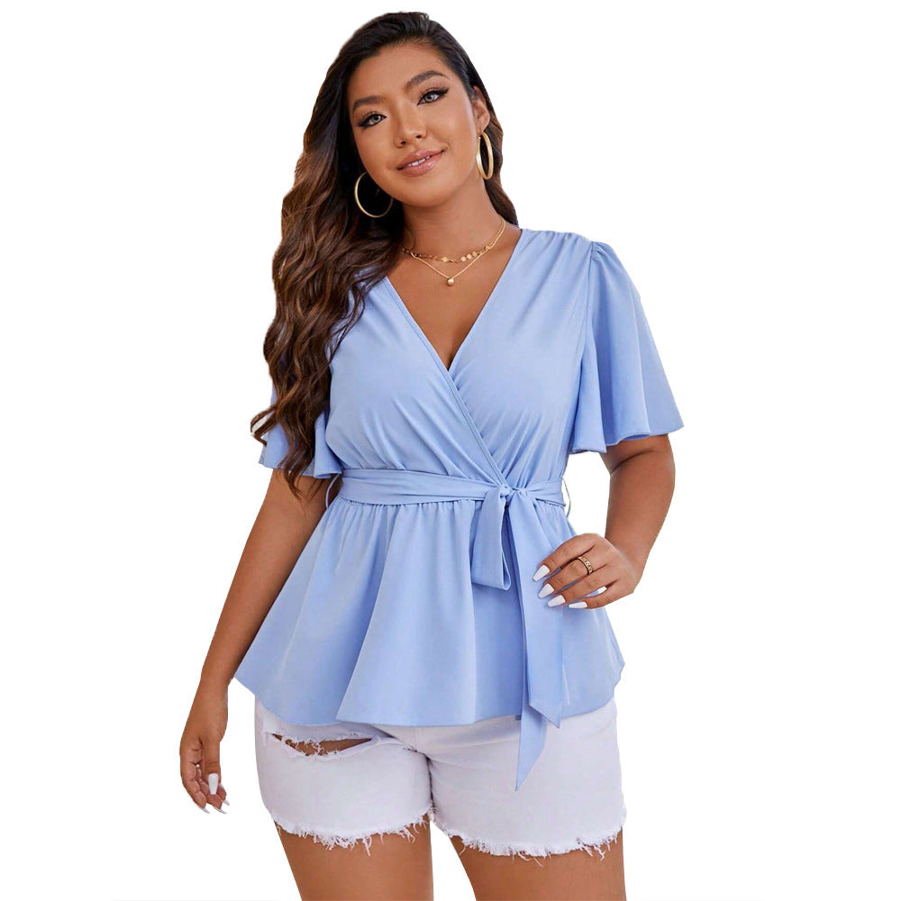 Solid Color Slim-fit Lace Up Short Batwing Sleeve V-neck Top