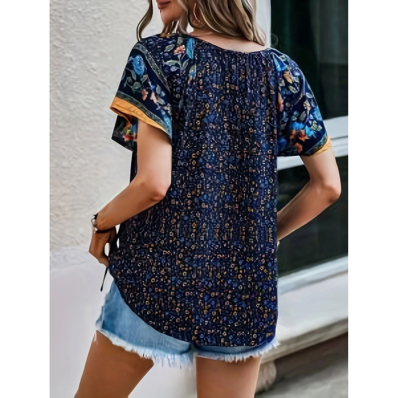 Women's Casual Short Sleeve Shirts Summer Boho Printed V Neck Drawstring Tunic Blouses