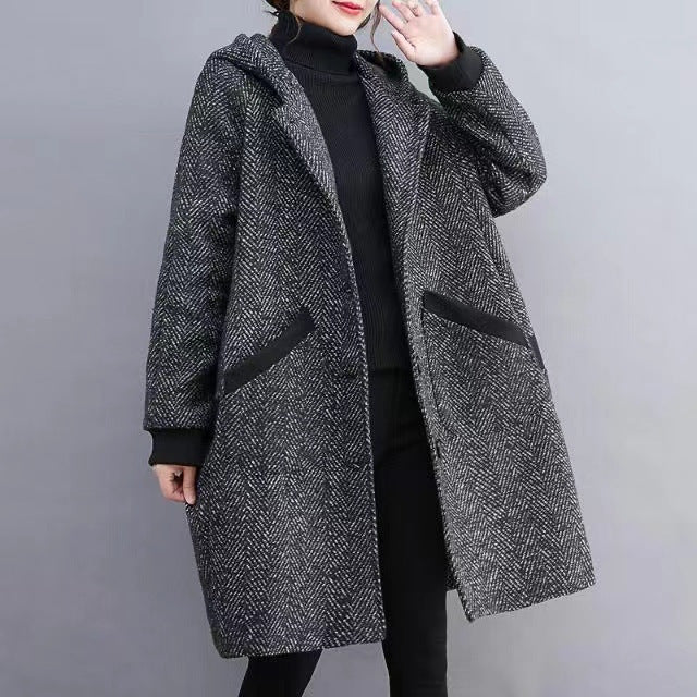 Winter Korean Style Loose Hooded Women's Mid-length Velvet Padded Thickened Coat