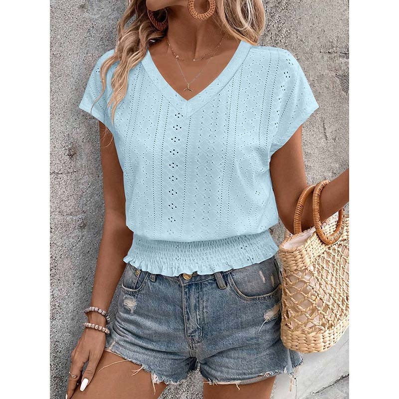 Women Summer Eyelet Top Casual V Neck Short Sleeve Smocked Shirts Loose Tunic Tops Blouses