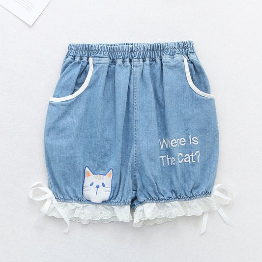 Embroidered jean shorts with cat head