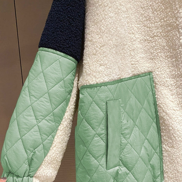 Loose Lamb Wool Women's Stitching Contrast Color Fleece Padded Coat