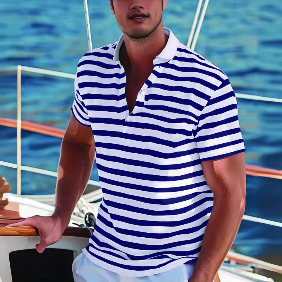 Men's Short-sleeve Polo Shirt Striped Casual Top