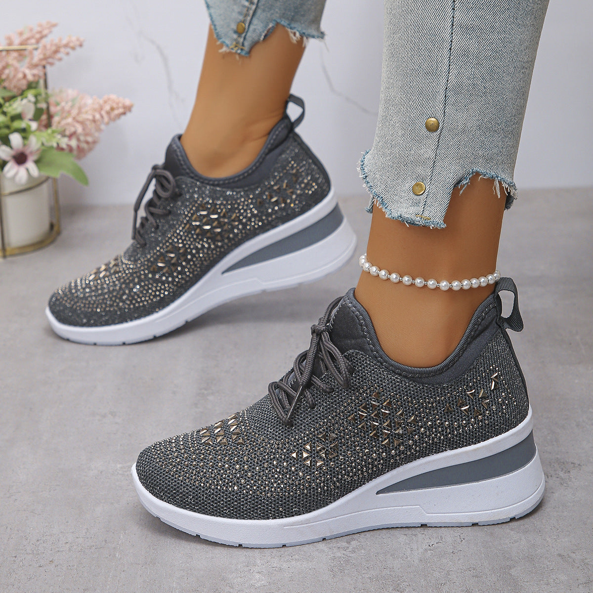 Rhinestone Lace Up Fashion Style Daily Commuter Women's Casual Shoes