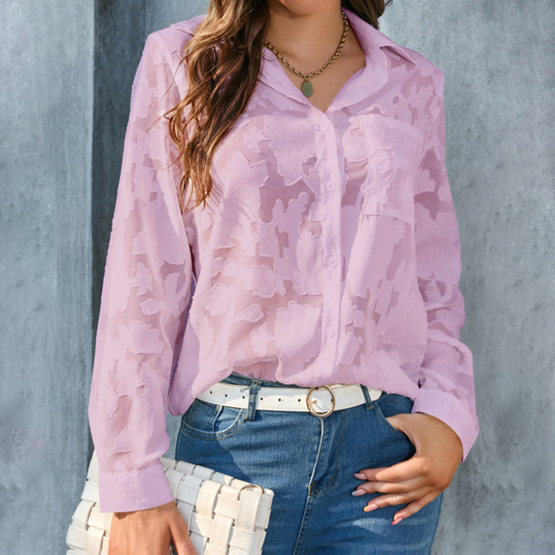 Womens Casual Sheer Button Down Shirts Long Sleeve V Neck Jacquard Blouses Tops