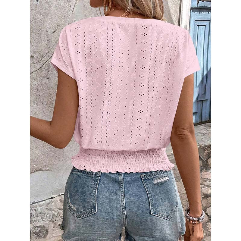 Women Summer Eyelet Top Casual V Neck Short Sleeve Smocked Shirts Loose Tunic Tops Blouses