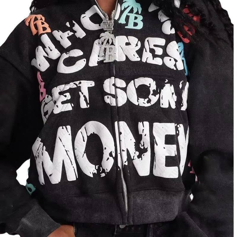 Trendy American Letter Pattern Loose Casual And Comfortable Hooded Zipper Vintage Sweater