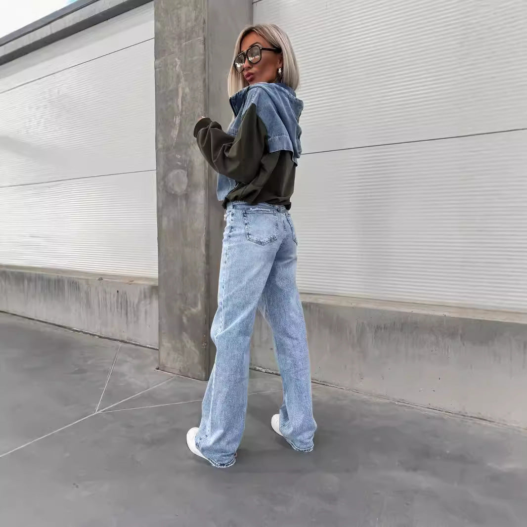 Fashion Loose Casual Washing Denim Stitching Hooded Women's Sweater