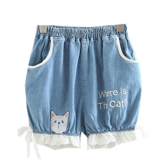 Embroidered jean shorts with cat head