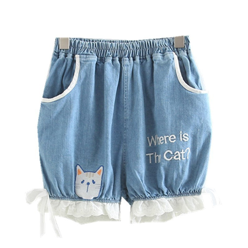 Embroidered jean shorts with cat head
