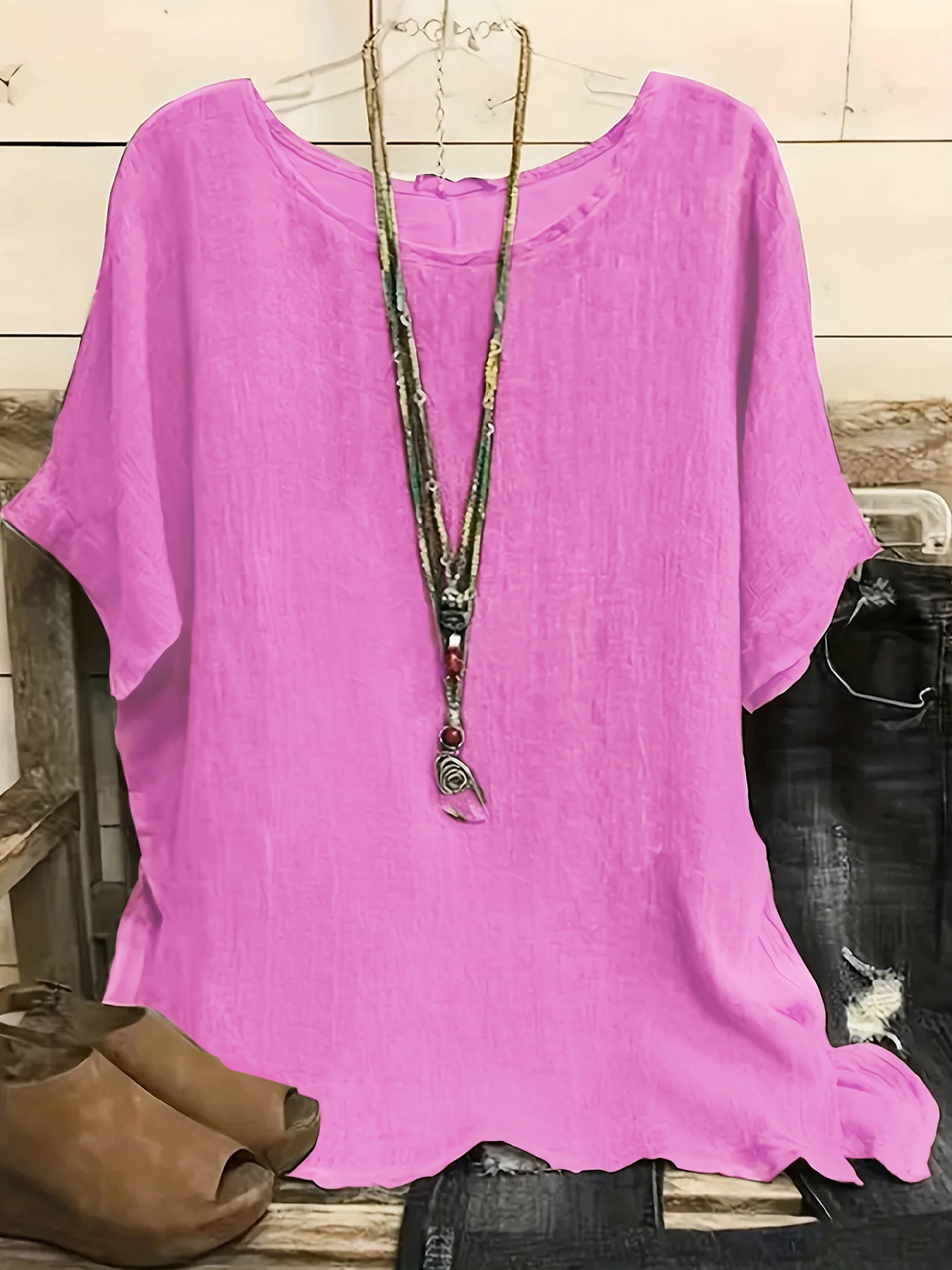 Women Fashion Casual Shirts Solid Color 3 4 Sleeve Round Neck Blouses Summer Loose Tops Streetwear