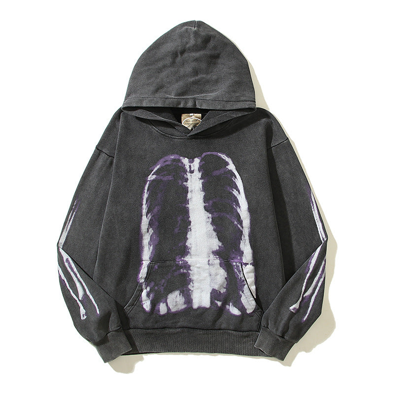 Washed-out Vintage Distressed Skull Bone Hooded Sweater
