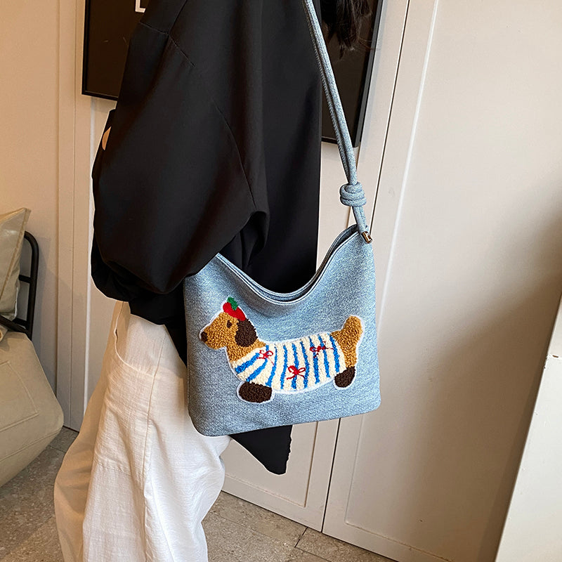 New Cartoon Sausage Dog Bucket Bag Autumn Texture