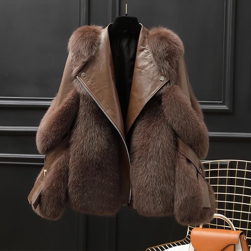 One-piece Fur Motorcycle Coat Long Wool Coat