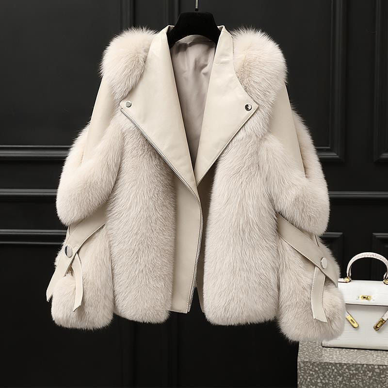 One-piece Fur Motorcycle Coat Long Wool Coat